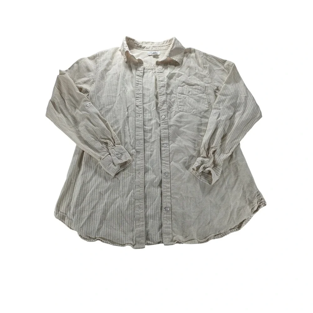 Japna M Tan‎ Beige Striped Boyfriend Button Up Linen Blend Casual Shirt Blouse